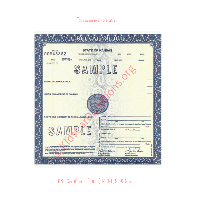 This is an Example of Kansas Certificate of Title (TR-19T, 9-95) Front View | Kids Car Donations